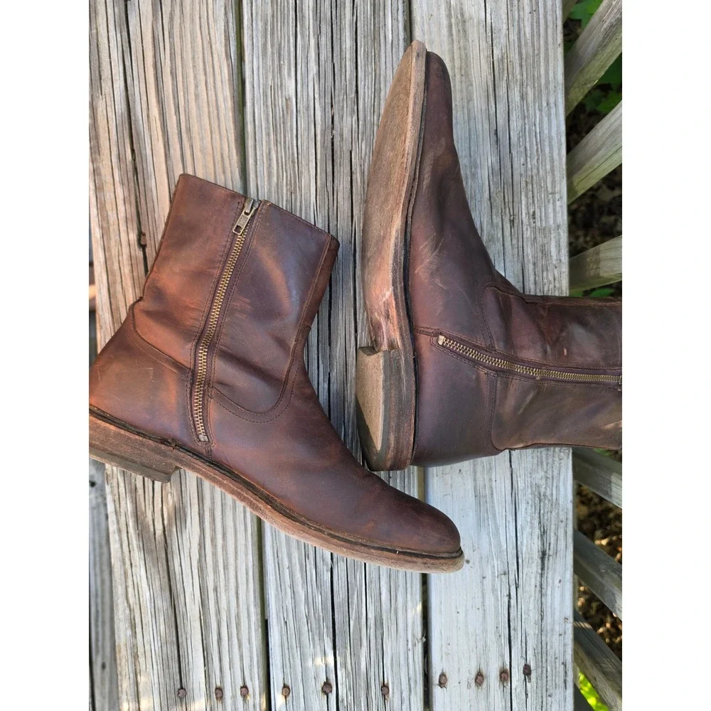 Frye Campus Inside‎ Zip Brown Leather Boots Mens 11.5 D 3487105 Distressed Ankle